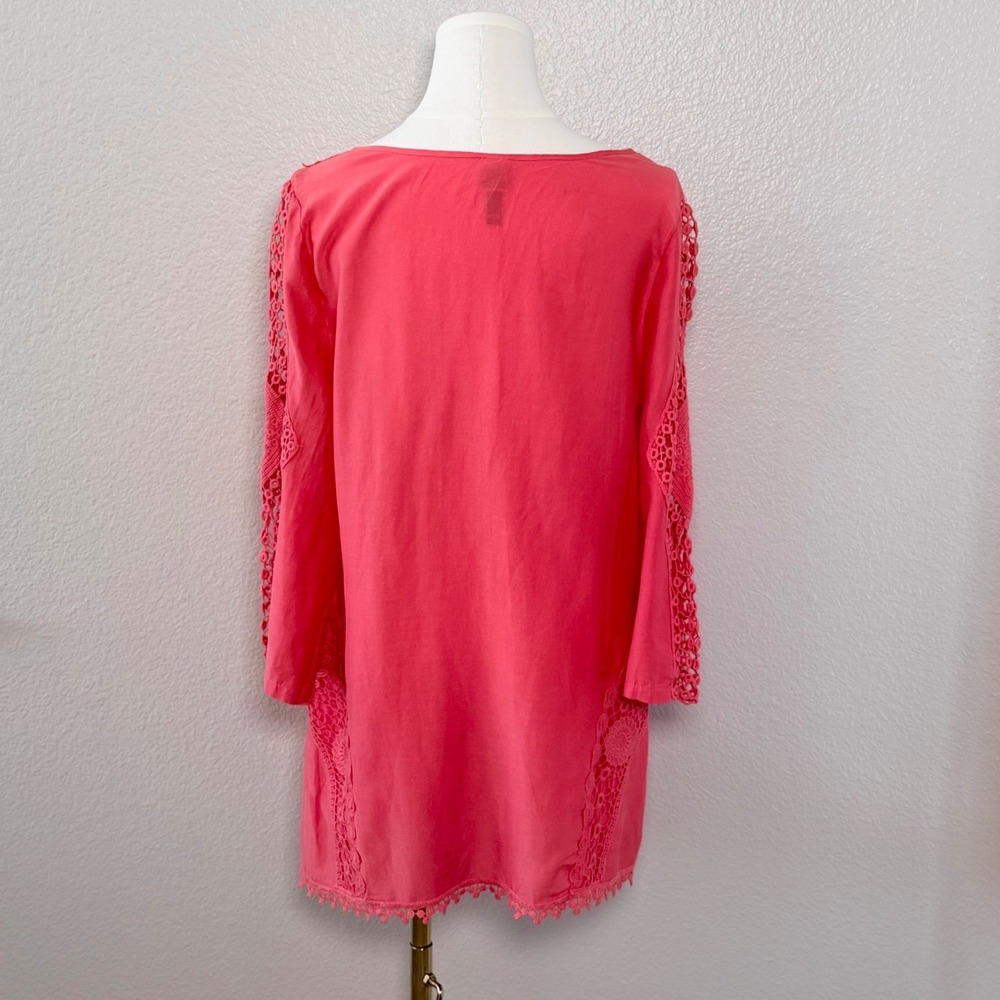 XCVI Coral Pink Cotton Silk Crochet Lace Tunic Top Bohemian Romantic Beachy Sz M - Picture 6 of 16